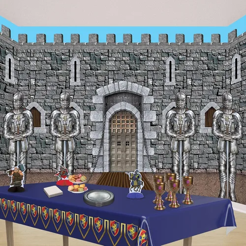 Vista 4 de Beistle Telones de fondo de pared de caballeros, 4 x 30 pies, paquete de 2 decoraciones medievales para fiestas, fondo de decoración medieval, fondo