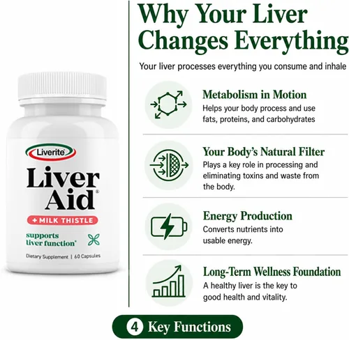 Vista 4 de LIVERITE Ayuda hepática con cardo mariano 60 cápsulas, suplemento de apoyo hepático con aminoácidos, colina, cardo mariano y vitamina B12 - Apoya