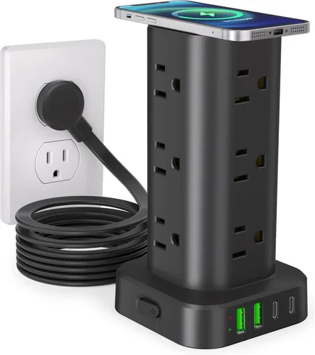 Vista 12 de Regleta de alimentación de torre con múltiples salidas, protector de sobretensiones de enchufe plano, cable de extensión de torre con 12 tomas