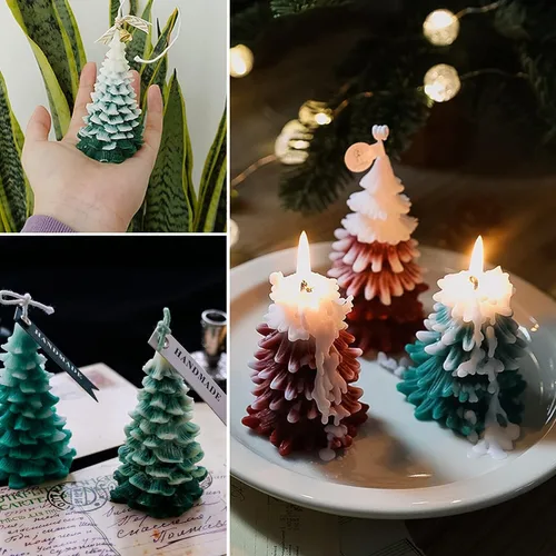 Vista 4 de 5 moldes de silicona de Navidad, 4 moldes de silicona para velas de árbol de Navidad y cono de pino, molde en forma de tema de Navidad para velas