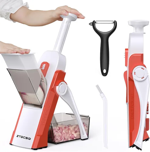 Vista 14 de Cortador de mandolina 5 en 1 seguro para cocina, picador de verduras seguro, cuchillo de pelar, grosor ajustable, fácil de limpiar, rebanador