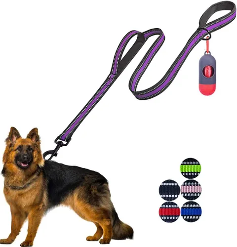 Vista 14 de JSXD Correa resistente de doble asa para perro, 5 pies, acolchada y reflectante, cuerda para perros pequeños a grandes (negro)