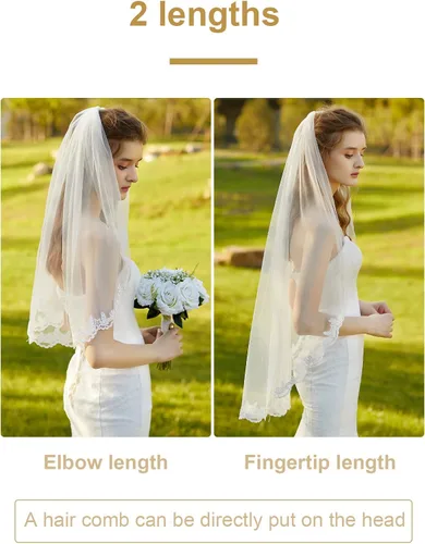 Vista 2 de BEAUTELICATE Velo de novia de boda con peine 2 niveles apliques de encaje