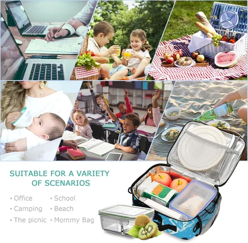 Vista 4 de Bolsa de almuerzo azul personalizada para vehículos deportivos de motocross, para niños, niñas, niños, bolsas de almuerzo personalizadas con tu