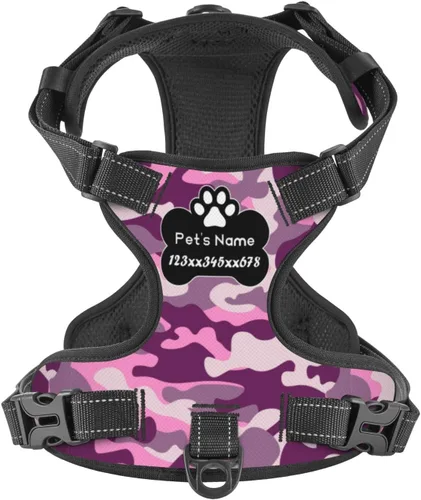 Vista 27 de Arnés personalizado para perro sin tirones, chaleco personalizado con bandera estadounidense para perro con número de teléfono y nombre de mascota
