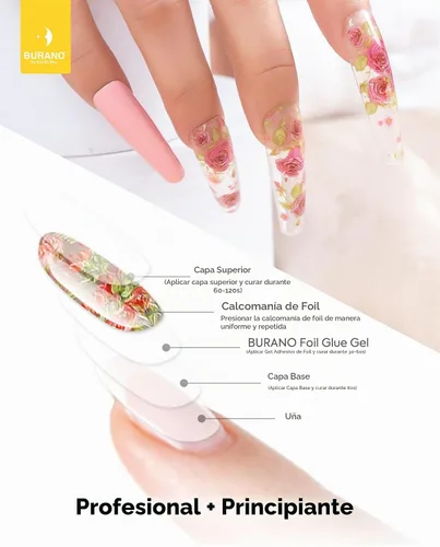 Vista 4 de BURANO Gel de pegamento para arte de uñas, 0.5 onzas líquidas, 2 botellas con 60 calcomanías de láminas, diseño de uñas, arte de transferencia