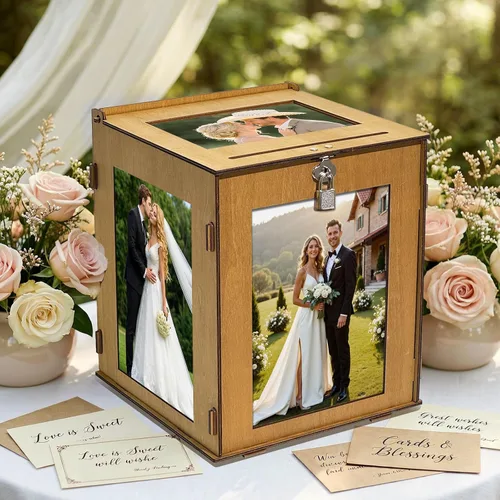 Vista 8 de OurWarm Caja de tarjetas de boda blanca de PVC con cerradura, caja de tarjeta de regalo para recepción de boda, caja de sobres de dinero de boda