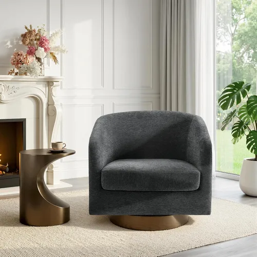 Vista 45 de Silla Giratoria de Acento de Cuero Sintético con Base de Madera, Sillas de Barril Tapizadas Modernas para Sala de Estar, Cómodo Sillón Redondo Sofá