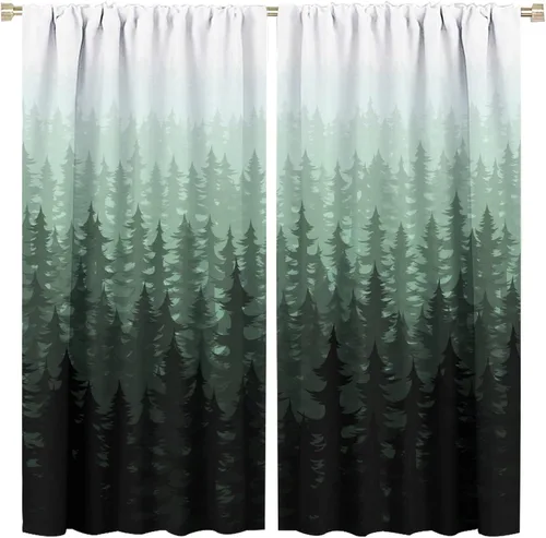 Vista 27 de BAEKJIN Cortinas verdes de bosque brumoso, acuarela, naturaleza, paisaje, plantas, árbol, bolsillo para barra, opacas, tratamiento de ventana
