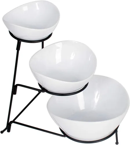 Vista 4 de Gibson juego de 3 niveles para aderezos, con soporte de metal, servidores ovalados de aperitivos y postres