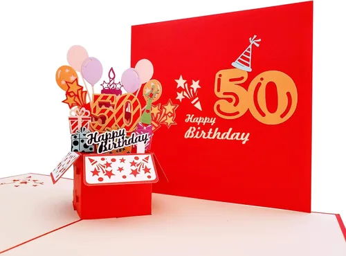 Vista 6 de iGifts And Cards Tarjeta de felicitación emergente 3D con caja de fiesta de cumpleaños número 50 color rojo – Cincuenta, impresionante, globos