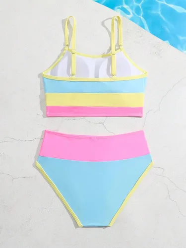 Vista 2 de Verdusa Conjunto de bikini de cintura alta con bloques de color para niña, 2 piezas, trajes de baño