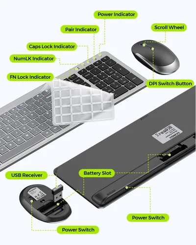 Vista 5 de Combo de teclado y mouse inalámbricos, tamaño completo, delgado, inalámbrico, con teclado numérico, conexión estable de 2.4 G, DPI ajustable