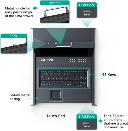 Vista 3 de MT-Viki Conmutador KVM de montaje en rack de 17" VGA 8 puertos, monitor de montaje en rack KVM Fit 1U 19'' Rack, 23.622-31.496 in (23.6~31.8'')