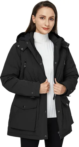 Vista 3 de WenVen Abrigos de invierno impermeables para mujer, chaquetas acolchadas gruesas y cálidas con capucha desmontable