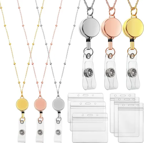 Vista 12 de Zonon Cordón Retráctil con Portaidentificación 3 Piezas Collar de Insignia con Cuentas con 6 Portarjetas Impermeables de Acero Inoxidable ID Negro