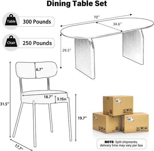 Vista 2 de Juego de mesa de comedor ovalada moderna de 70 pulgadas con 6 sillas de tela Boucle, mesa de MDF y base resistente a rayas, muebles de cocina