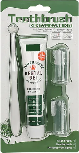 Vista 5 de Kit de cepillado de dientes para mascotas, cepillo de dientes para dedos de perro, cepillo de dientes de 360° y pasta de dientes con sabor a carne