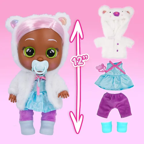 Vista 3 de Cry Babies Dressy Pearly - Muñeca bebé de 12 pulgadas, vestido azul, chaqueta blanca esponjosa con orejas de animales, para niñas y niños de 18