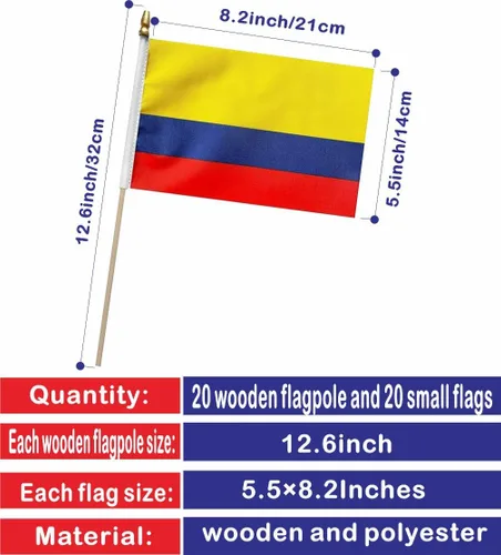 Vista 2 de Paquete de 20 banderas colombianas pequeñas de mano para decoración (5 x 8 pulgadas), esenciales para fiestas y celebraciones