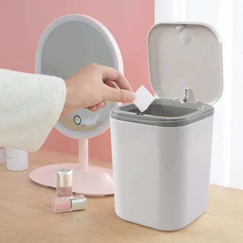 Vista 4 de Mini bote de basura con tapa, papelera desplegable para encimera, color gris Removable Small Garbage Can, Tiny Plastic Trash Bin, Counter Garbage