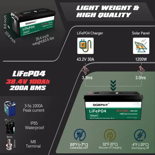 Vista 2 de OGRPHY Batería de litio para carrito de golf de 36 V y 100 Ah, kit de conversión con BMS inteligente de 200 A (pico de 1000 A), monitor Bluetooth