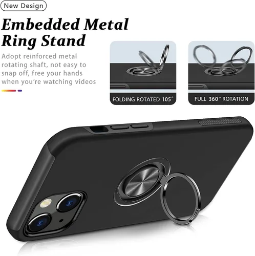Vista 4 de Funda a prueba de golpes para iPhone 13 de 6.1 pulgadas, [anillo de dedo integrado] funda de teléfono de grado militar con soporte de metal Negro