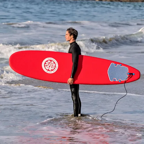 Vista 3 de Bloo Tide Tabla de surf de 8 pies con parte superior suave roja con diseño de Wavizm azul gráfico inferior