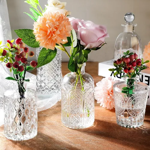 Vista 3 de Botellas de vidrio transparente con tapas, jarrones a granel, juego de 12 mini jarrones de flores para decoración de mesa, botella pequeña