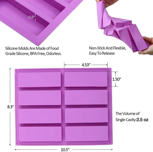 Vista 2 de Molde de silicona rectangular grande, 2 unidades de barra de granola de 8 cavidades, moldes de barra de cereales para hornear para barra energética