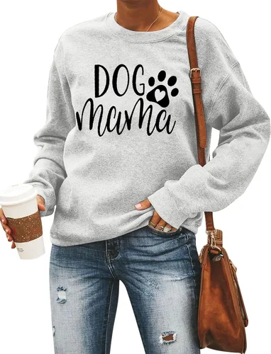 Vista 4 de ALLTB Sudadera con estampado de texto en inglés Dog Mom para mujer, sudadera de manga larga con estampado de letras