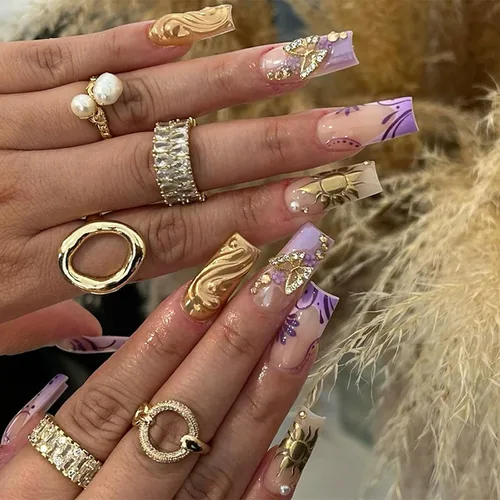 Vista 9 de IMSOHOT Uñas postizas, acrílicas de color naranja mate, puntas francesas cuadradas, 24 unidades, uñas extra largas con pegamento con bonitos diseños