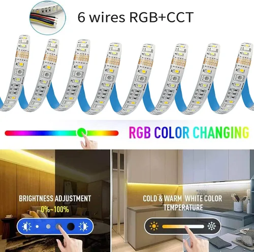 Vista 4 de GIDEALED Tira de luces LED RGBWW de 2700 K ~ 6500 K, blanco cálido blanco frío y 16 millones de cambios de color RGB, tira LED 5050 RGBCCT