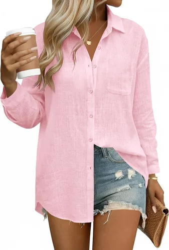 Vista 13 de HOTOUCH Camisas de manga larga con botones para mujer, blusas de lino y algodón, casuales, con cuello holgado, de gasa con bolsillo