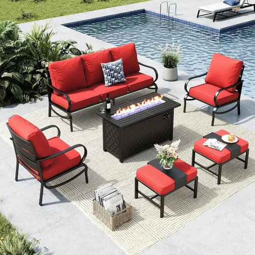 Vista 64 de MFSTUDIO Juego de 4 piezas de conversación para patio, marco de metal para todo tipo de clima, muebles de exterior con 1 mesa rectangular de propano