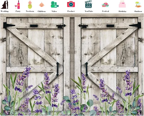 Vista 2 de LB Telón de fondo de fotos de madera rústica de 5 x 3 pies, puerta de granero vintage con flores moradas y hojas verdes, telón de fondo de lavanda
