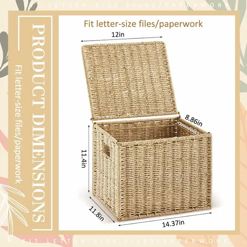 Vista 2 de Jingmore Paquete de 1 organizador de archivos de cuerda de papel, archivador plegable tamaño carta con tapa, cesta de archivos colgante tejida, caja