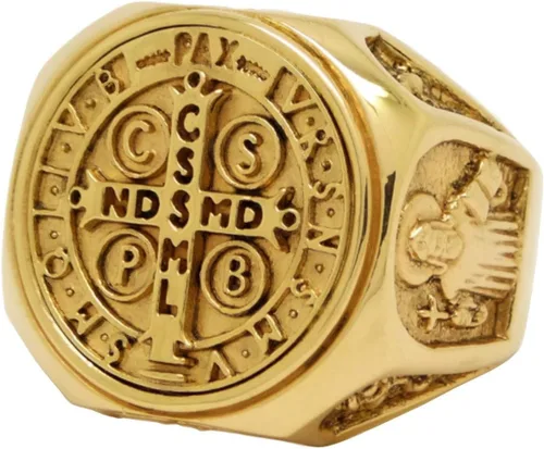 Vista 7 de Anillo de hombre San Benito de Oro Sólido Cristiano Católico