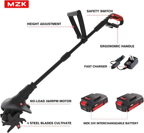 Vista 8 de MZK Cultivador de labrado sin cable de 20V con dientes de acero, cultivador de jardín de 8 pulgadas de ancho con batería, cultivador eléctrico