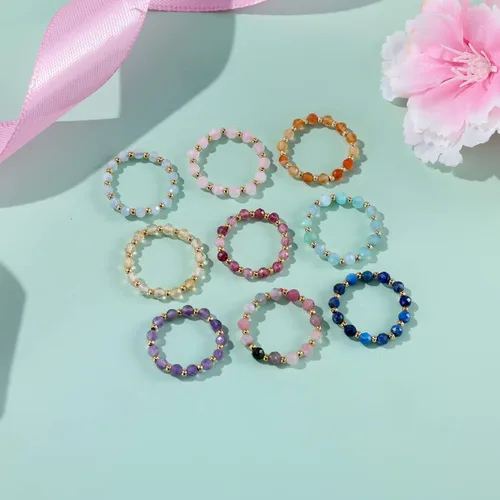 Vista 4 de Anillo de cuentas de cristal, piedras preciosas naturales, amatista, cuarzo rosa, aguamarina, turmalina, ojo de tigre, minimalista, anillo apilable