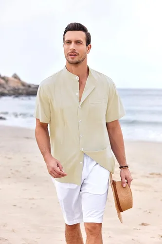 Vista 4 de Ryannology Camisas guayabera de lino de manga corta con botones para hombre, estilo casual, playa, campamento cubano, camisa mexicana para hombre