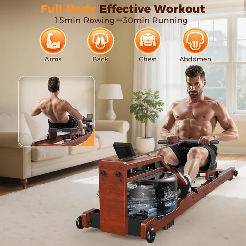 Vista 7 de YOSUDA Water Rowing Machine Foldable for Home Use 5.8 Gal Large Water Tank Immersive Wooden Water Rower Machine, Dedicated Monitor & Bluetooth