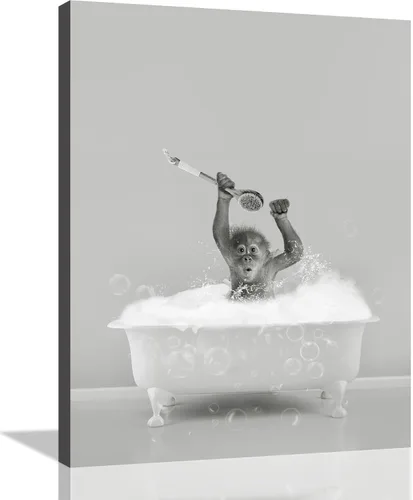 Vista 16 de Decoración de Arte de Pared en Blanco y Negro – Oso con Gafas Sentado en el Inodoro Leyendo Periódico, Impresiones en Lienzo, Imágenes de Animales