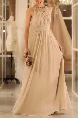 Vista 5 de Vestido de dama de honor de gasa sin mangas para mujer, largo, plisado, cintura alta, formal, vestido de baile