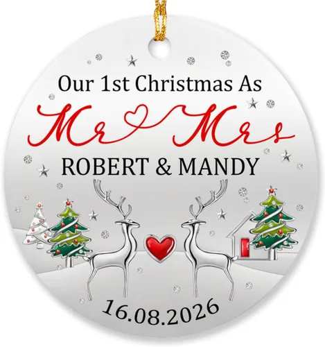 Vista 22 de Adorno de matrimonio de muñeco de nieve para pareja, adorno personalizado de primera Navidad para casados, con nombres personalizados y fecha