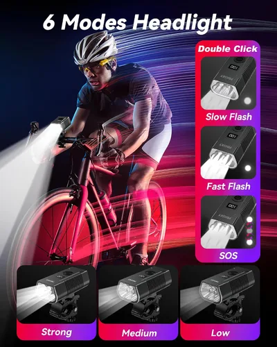 Vista 3 de Luces LED para bicicleta, 2025, nuevo faro de bicicleta, luz de bicicleta recargable USB-C, luces de bicicleta impermeables de aleación de aluminio
