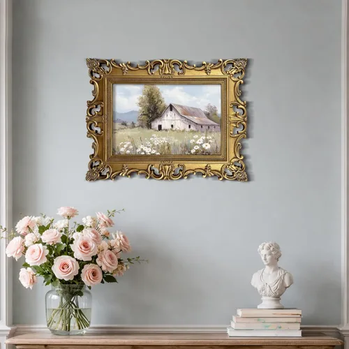 Vista 9 de XIAOAIKA Arte de pared de paisaje de granero blanco acabado a mano, impresión de escena de granja vintage con marco barroco dorado envejecido