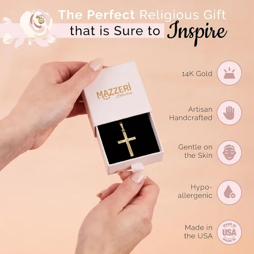 Vista 5 de MAZZERI Colgante de cruz de oro de 14 quilates, dijes religiosos de oro hipoalergénico para hombres y mujeres, hecho a mano en los Estados Unidos