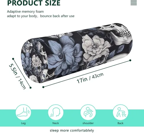 Vista 3 de White Skull Blue Neck Pillow for Sleeping, Cervical Roll Memory Foam Pillows for Neck Pain Relief, Neck Support Round Pillows with Washable Cover