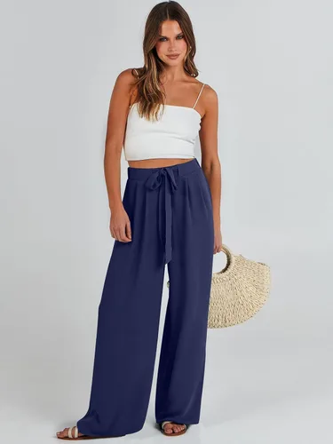 Vista 7 de Caracilia Pantalones palazzo de pierna ancha para mujer, de cintura alta, ajustables, con lazo, holgados, informales, con bolsillos
